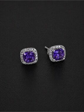 10K White Gold Michael Hill Cushion Cut Amethyst & Diamonds Halo Stud Earrings
